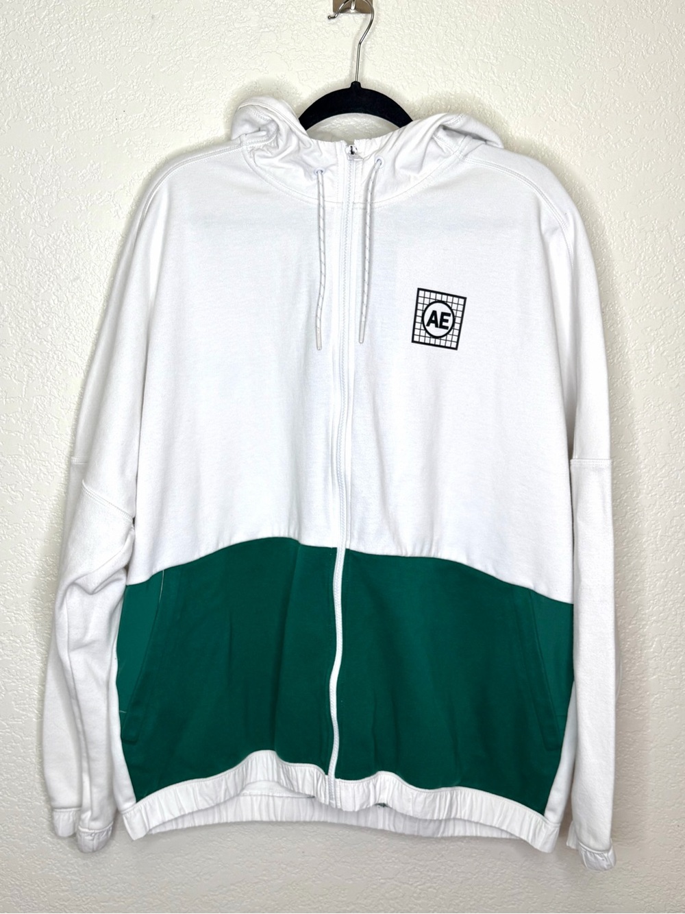 American Eagle Mens Color Block Zip Hoodie Sz XXL Green White Athletic Gym